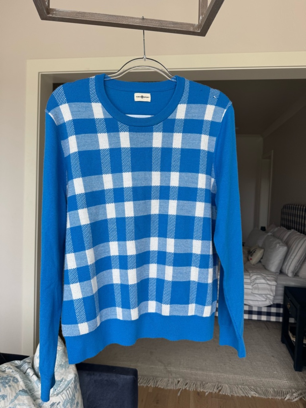 Tory Sport Blue and White Plaid Crewneck Sweater